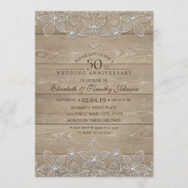 50-års bröllopsdag Rustik Trä Vintage Spets Inbjudningar