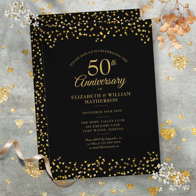 50 års Bröllopsdag Svart Guld Kärlek Hjärtan Inbjudningar (50th Wedding Anniversary Black Gold Love Hearts Invitation)