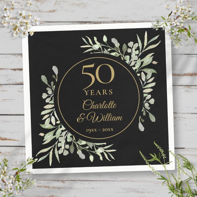 50-års bröllopsdag Svart Och Guld Grönska Pappersservett (50th Wedding Anniversary Black And Gold Greenery Napkins)