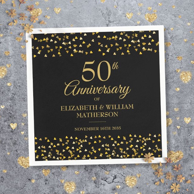 50-års bröllopsdag Svart och Guld Pappersservett (50th Wedding Anniversary Black And Gold Napkins)