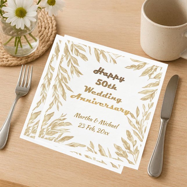 50-års bröllopsdag Typografi Guldbladverk Pappersservett (50th Wedding Anniversary Typography Gold Foliage Napkins)