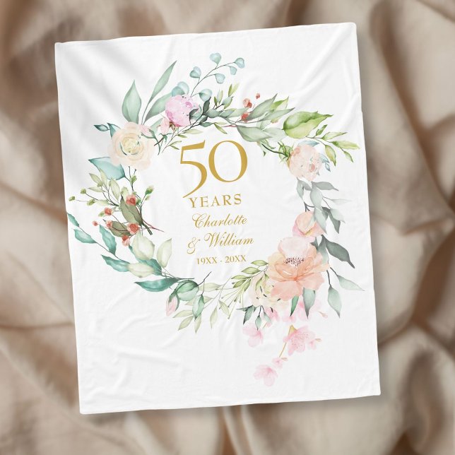 50-års bröllopsdag Vattenfärg Blommig Fleecefilt (Skapare uppladdad)