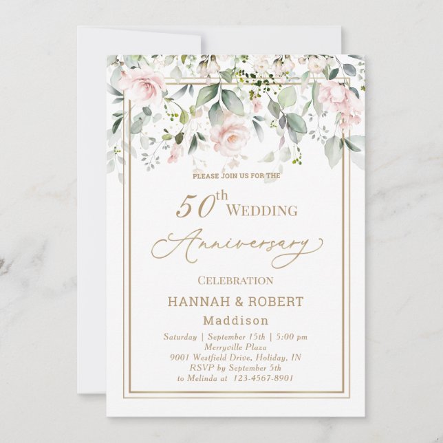 50-års bröllopsdag vita rosa rosor inbjudan (Framsida)