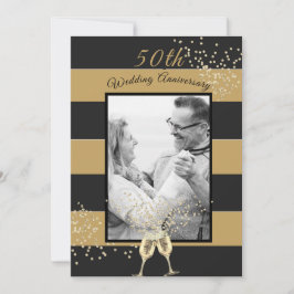 50-års bröllopsfirande Foto Svart Guld Elegant Inbjudningar