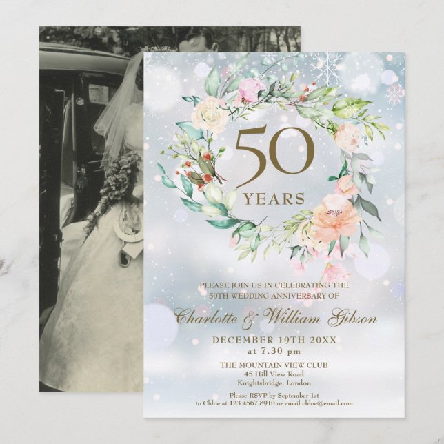 50-års bröllopsfirande Foto Vinterblommor  Inbjudningar (Fram/baksida)