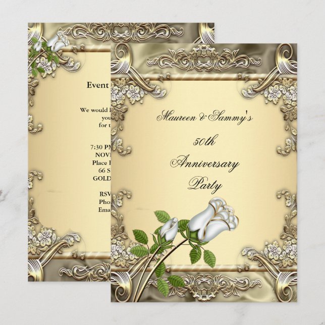 50-års bröllopsfirande krämfärgad roséguld inbjudningar (Fram/baksida)