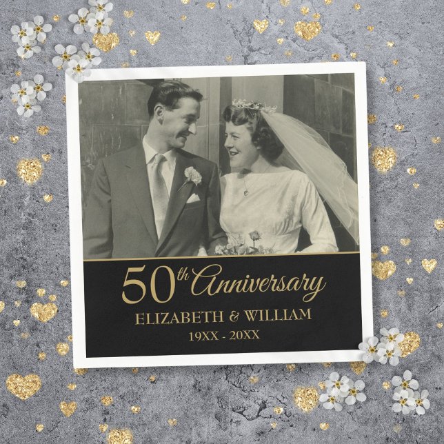 50-års bröllopsfoto Elegant guld svart Pappersservett (50th Anniversary Wedding Photo Elegant Gold Black Napkins)