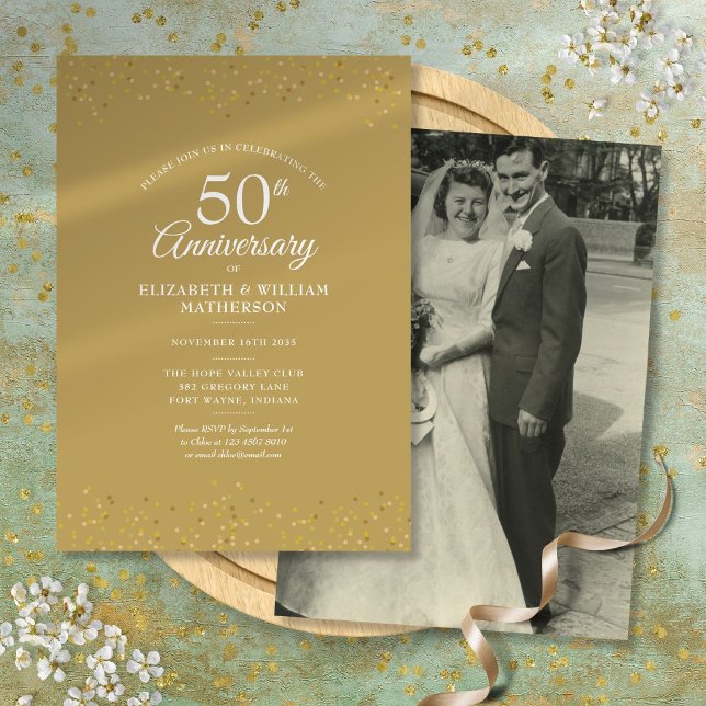 50-års bröllopsfoto guldstoft inbjudningar (50th Anniversary Wedding Photo Gold Dust Invitation)