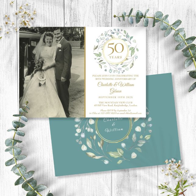 50-års bröllopsfotografi med blomstergrönska inbjudningar (50th Anniversary Wedding Photo Floral Greenery Invitation)