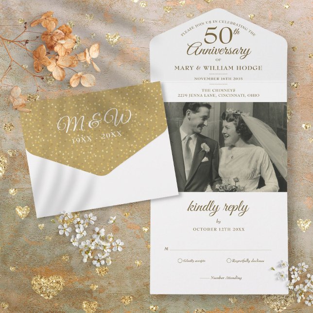 50-års bröllopsfotografi-monogram (50th Wedding Anniversary Photo Monogram All In One Invitation)