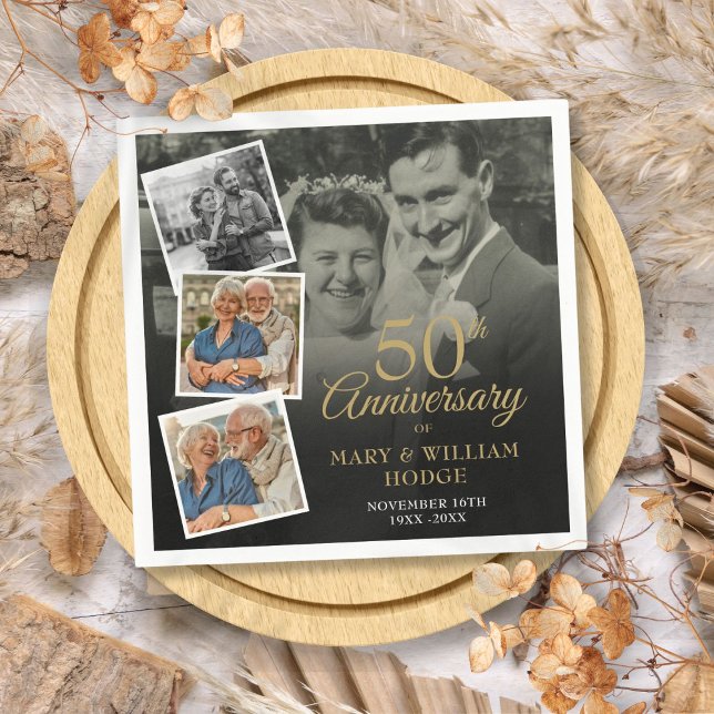50-års bröllopsjubileum 4 fotokollage pappersservett (50th Wedding Anniversary 5 Photo Collage Napkins)