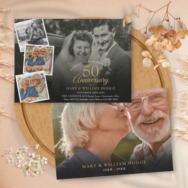 50-års bröllopsjubileum 5 fotokollage inbjudningar (50th Wedding Anniversary 5 Photo Collage Invitation)