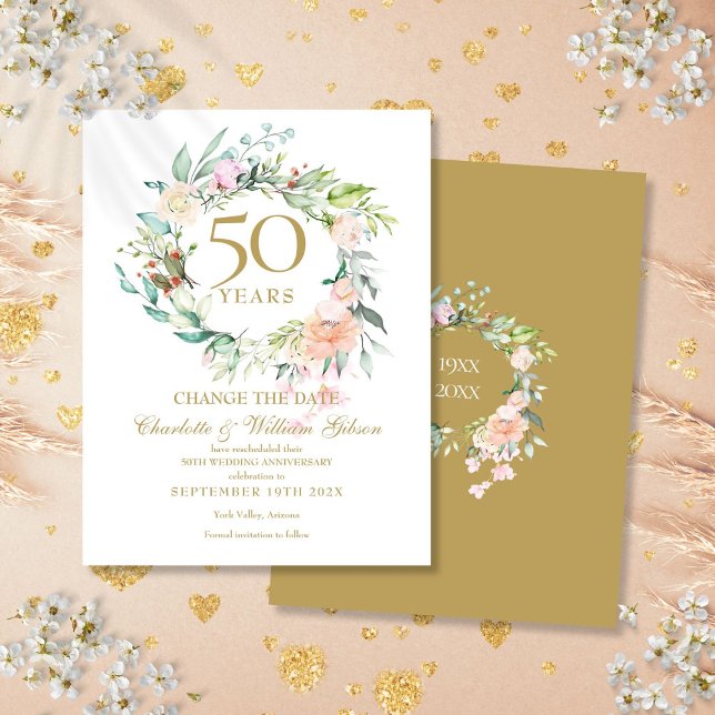 50-års bröllopsjubileum Ändra datum Blommig Meddelande Vykort (50th Wedding Anniversary Change the Date Floral Announcement Postcard)