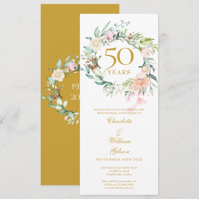 50-års bröllopsjubileum Blommig krans Inbjudningar (Fram/baksida)