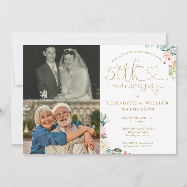 50-års bröllopsjubileum Blommig monogram 2 bilder Inbjudningar (Framsida)