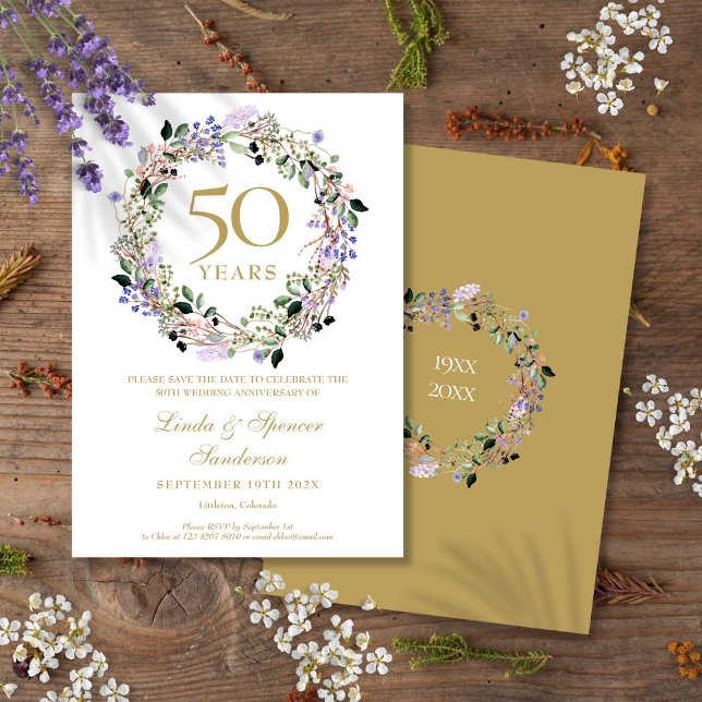 50-års bröllopsjubileum Blommig Spara Datumet (50th Golden Wedding Anniversary Floral Save The Date)