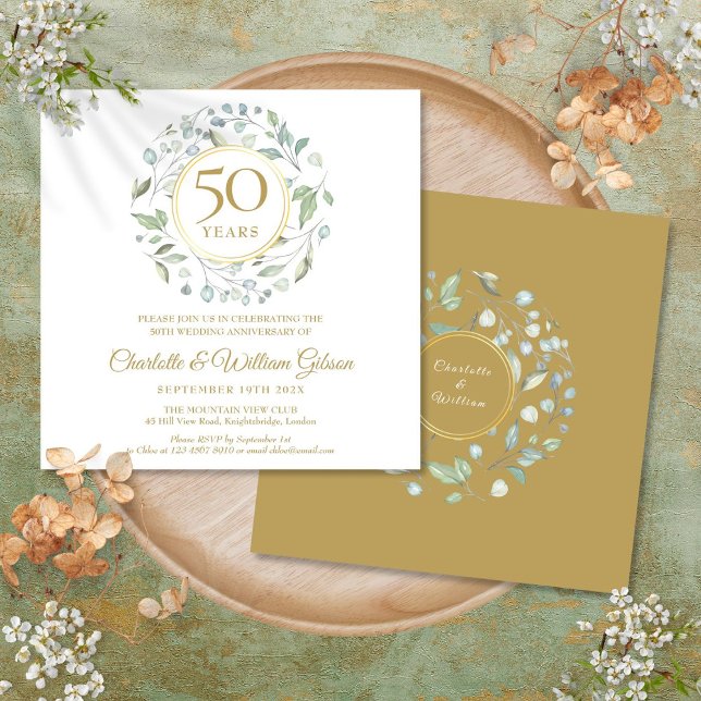 50-års bröllopsjubileum Blomster Grönska Fyrkant Inbjudningar (50th Wedding Anniversary Floral Greenery Square Invitation)