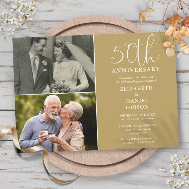 50-års bröllopsjubileum då och nu 2 bilder inbjudningar (50th Wedding Anniversary Then And Now 2 Photo Invitation)