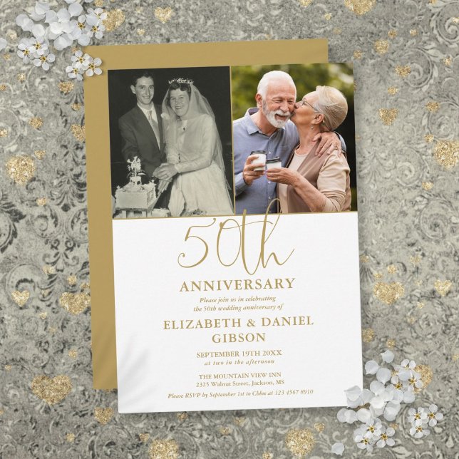 50-års bröllopsjubileum då och nu 2 bilder inbjudningar (50th Wedding Anniversary Then And Now 2 Photo Invitation)