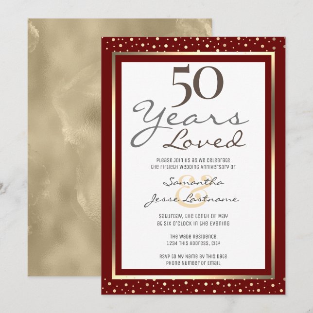 50-års bröllopsjubileum Elegant guld inbjudan (Fram/baksida)