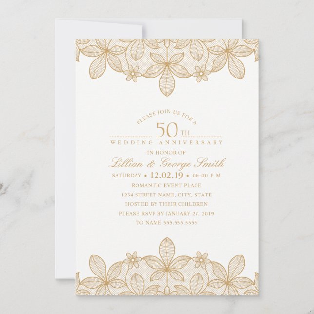 50-års bröllopsjubileum Elegant gyllene spets Inbjudningar (Framsida)