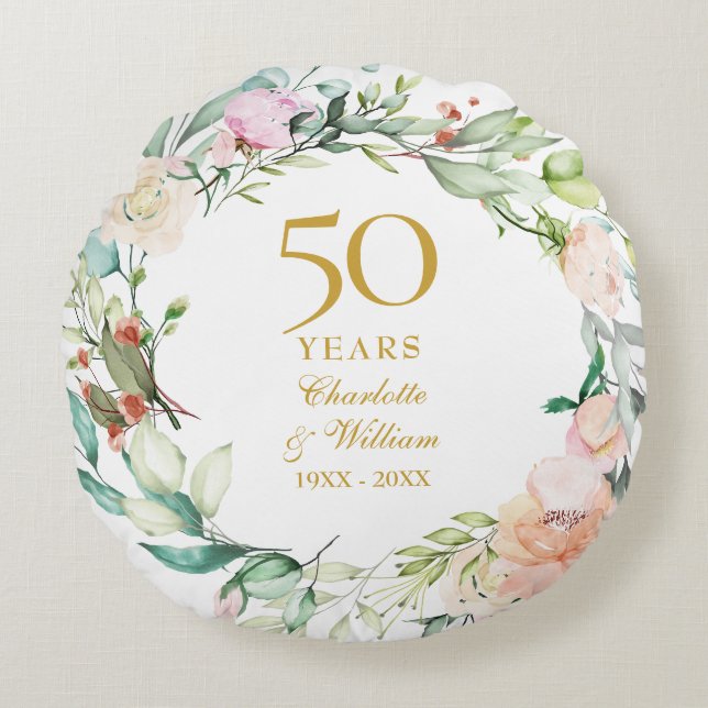 50-års bröllopsjubileum Foto Rosor Blommor Rund Kudde (Framsidan)