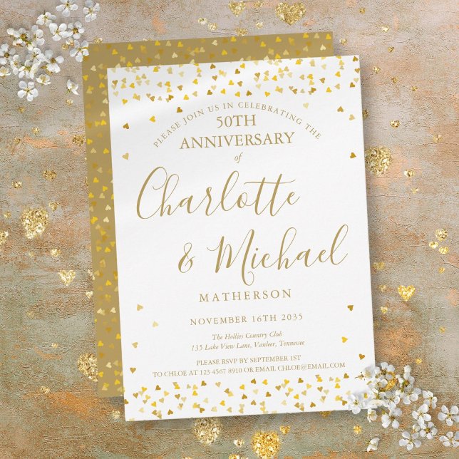 50-års bröllopsjubileum Golden Hearts Signatur Inbjudningar (50th Wedding Anniversary Golden Hearts Signature Invitation)