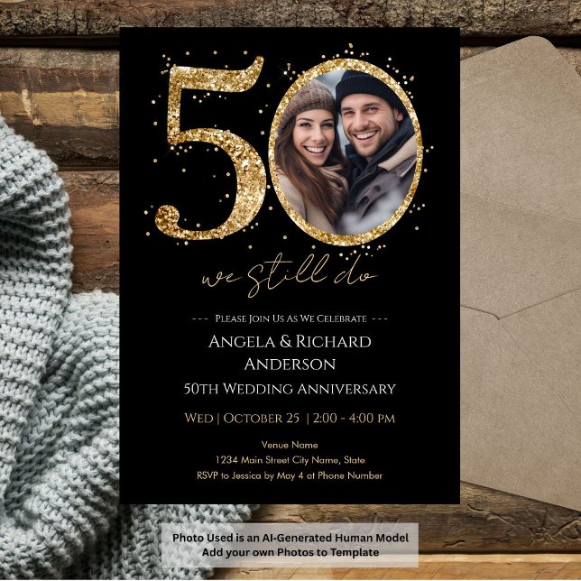 50-års bröllopsjubileum Guld Glitter Foto Inbjudningar (Skapare uppladdad)