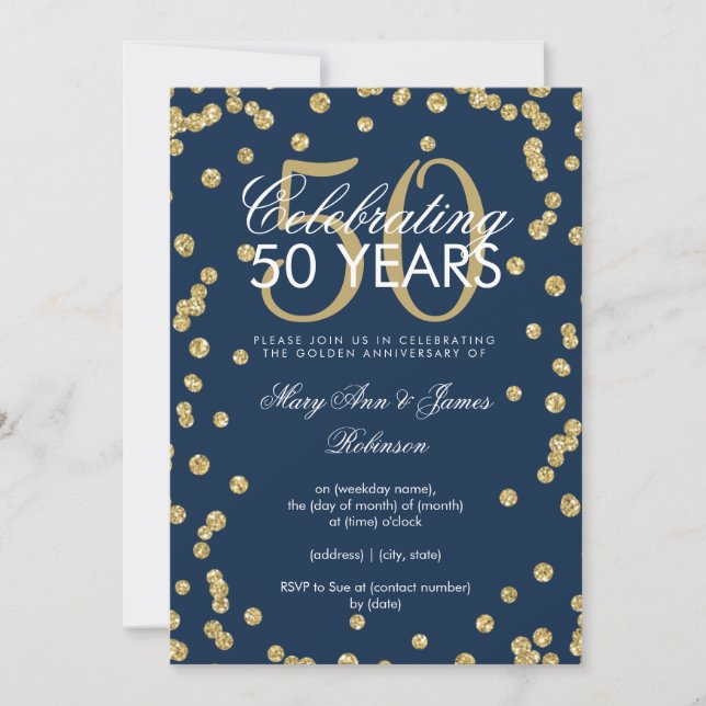 50-års bröllopsjubileum Guld Glitter Konfetti Mari Inbjudningar (Framsida)