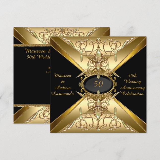 50-års bröllopsjubileum Guld Golden Jewel 2 Inbjudningar (Fram/baksida)