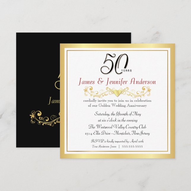 50-års bröllopsjubileum Guld Inbjudningskort (Fram/baksida)