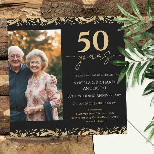 50-års bröllopsjubileum Guld Svart Foto Inbjudningar