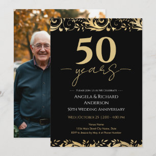 50-års bröllopsjubileum Guld Svart Inbjudningar