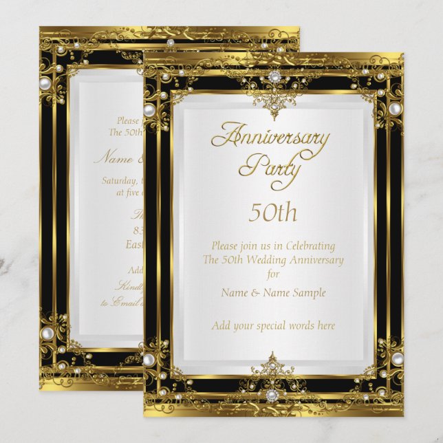 50-års bröllopsjubileum Guld Svart Vit Pärl Inbjudningar (Fram/baksida)