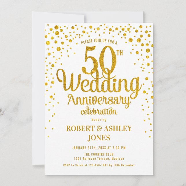 50-års bröllopsjubileum - Guld & Vitt Inbjudningar (Framsida)