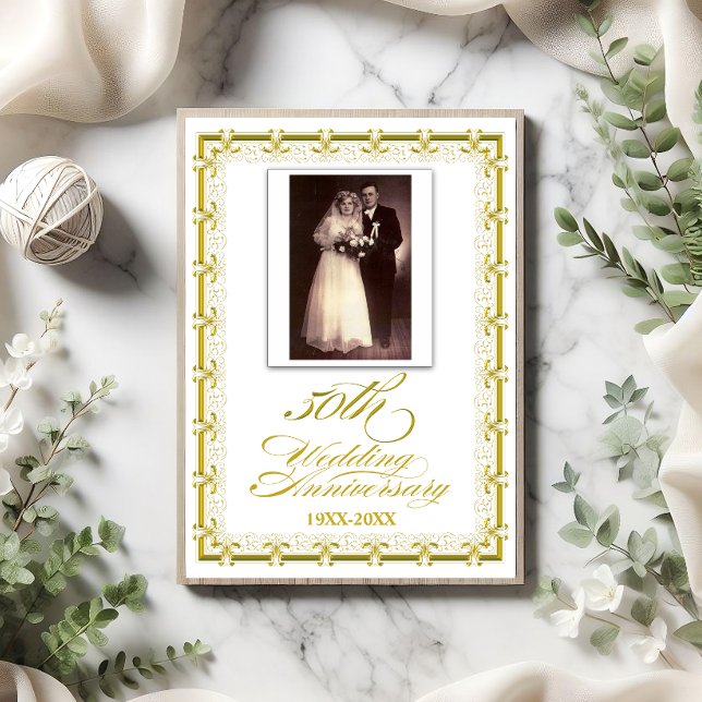 50-års bröllopsjubileum inbjudningar (Beautiful 50th wedding anniversary invite with photo and event details on the back.)