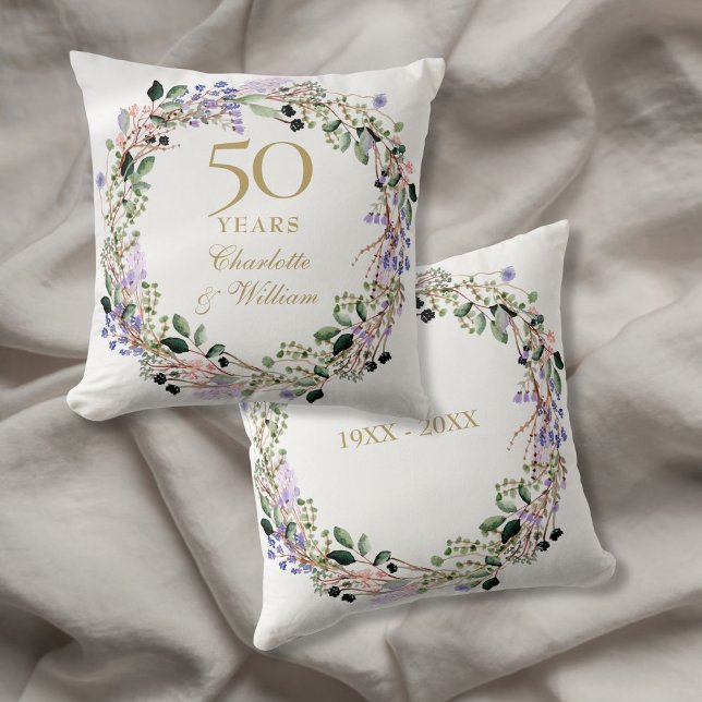 50-års bröllopsjubileum Lavendelblommor Kudde (50th Golden Wedding Anniversary Lavender Floral Throw Pillow)