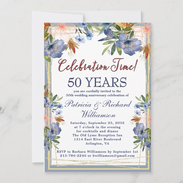 50-års bröllopsjubileum med chic blomsterdesign inbjudningar (Framsida)