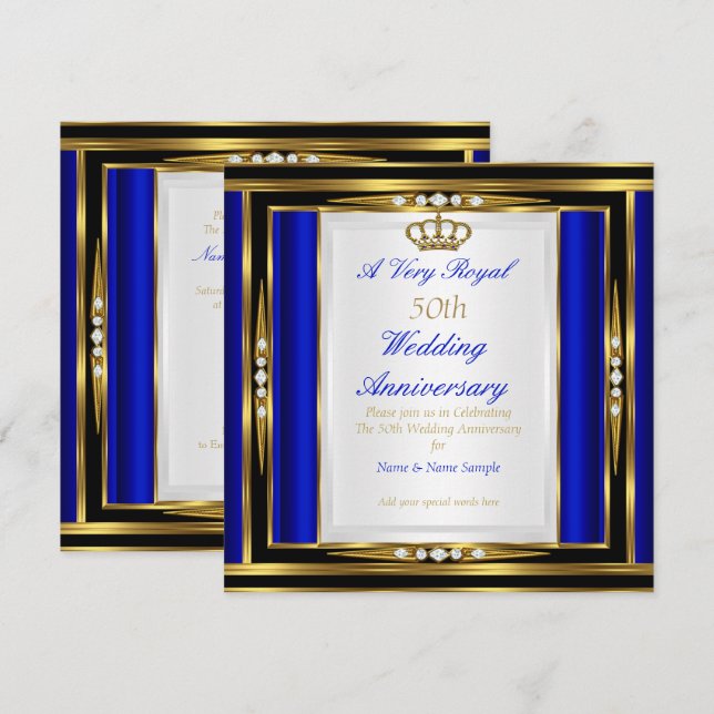 50-års bröllopsjubileum Royalblå Guld Krona 2 Inbjudningar (Fram/baksida)