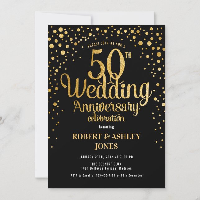 50-års bröllopsjubileum - Svart & Guld Inbjudningar (Framsida)