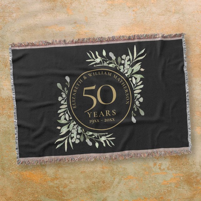 50-års bröllopsjubileum svart guldgrönska blad filt (50th Wedding Anniversary Black Gold Greenery Leaf Throw Blanket)