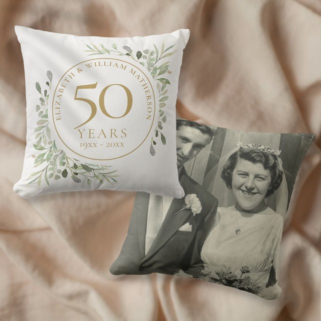 50-års bröllopsjubileumsfoto Vattenfärg Grönska Kudde (Skapare uppladdad)