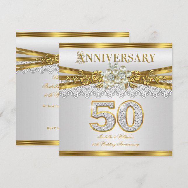 50-års bröllopsjubileumsgala Guld Vit Pärla Inbjudningar (Fram/baksida)
