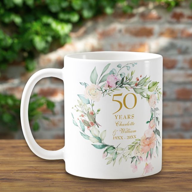 50-års bröllopsros Vattenfärg Girlang Kaffemugg (50th Anniversary Wedding Rose Watercolour Garland Coffee Mug)