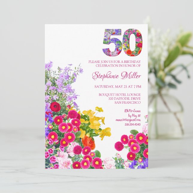 50 års Elegant Garden Blommigt - 50:e födelsedagen Inbjudningar (Stående Fram)