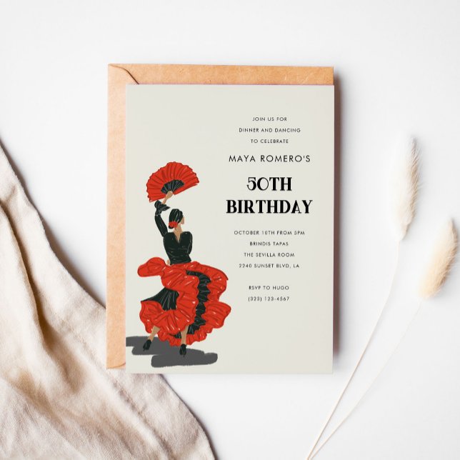 50-års flamencodansarens födelsedagsfest inbjudningar (Red and black flamenco dancer fiftieth birthday party invitation.)