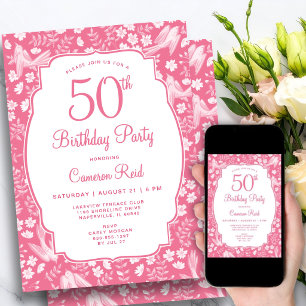 50-års födelsedag Elegant Rosa Blommig Feminim Fåg Inbjudningar