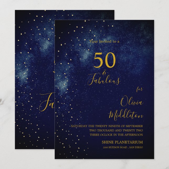 50-års födelsedag Kvällshimmel Astral Guld Stjärno Inbjudningar (Fram/baksida)