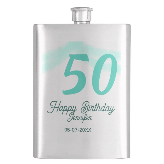 50-års födelsedag lägg till namn datum år grön pas fickplunta (Framsidan)