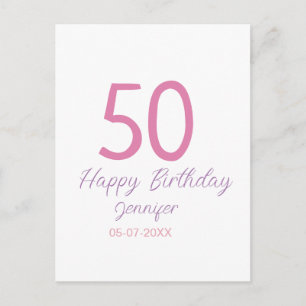 50-års födelsedag lägg till namn datum år rosa mal vykort